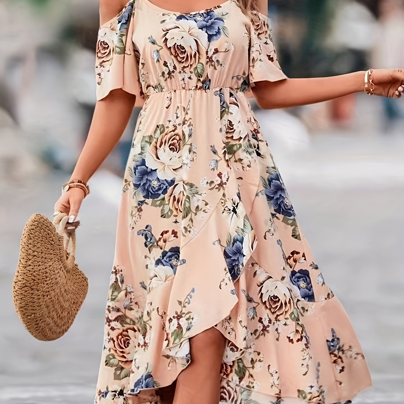 1pc Women'S Elegant Floral Print Ruffle Dress, 100% Polyester Strapless Fit and Flare Summer Dress with Woven Detail for Adult