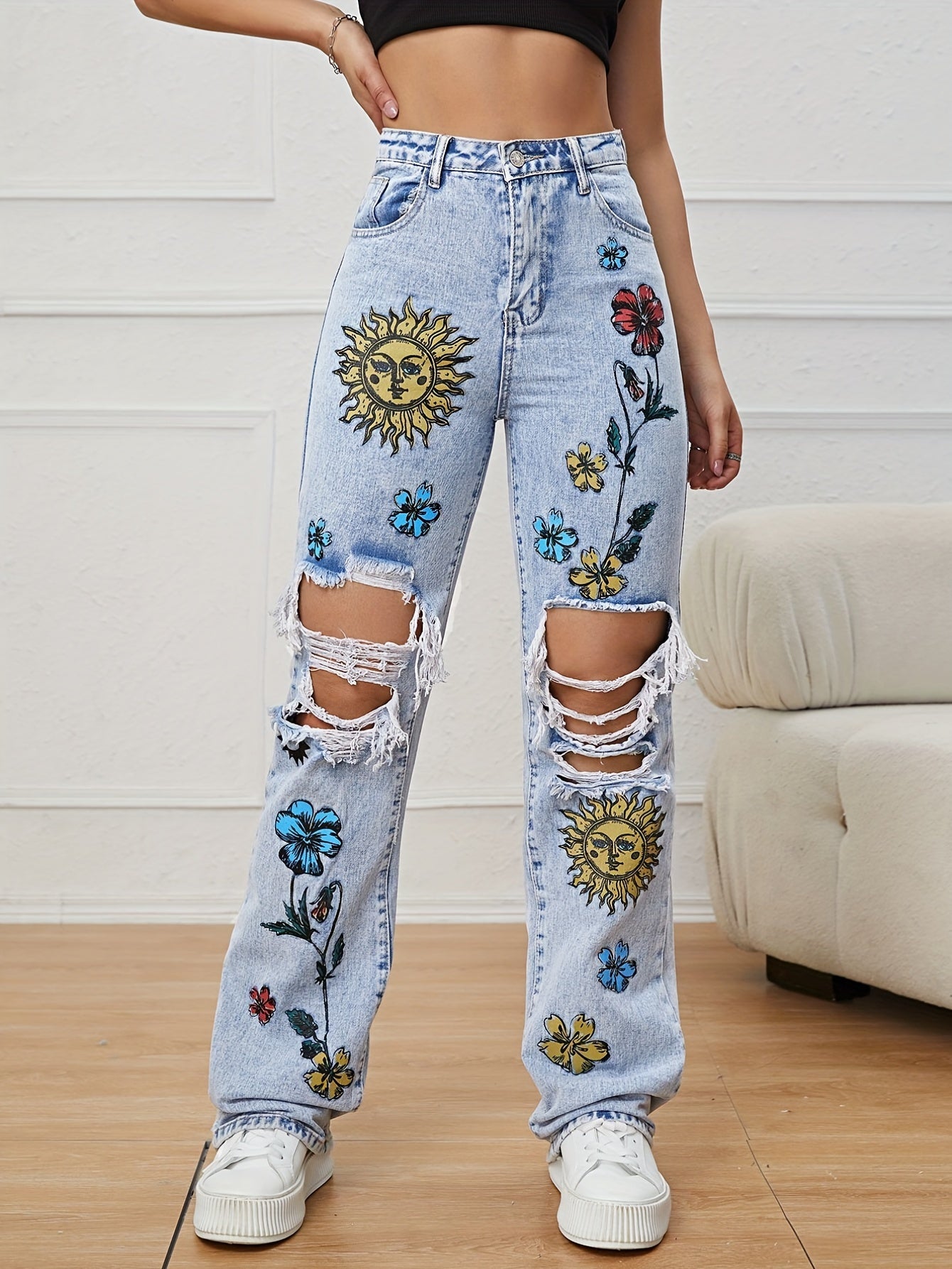 Chic Floral High-Waist Ripped Jeans - Distressed Straight Fit Denim with Pockets for Casual Spring to Fall Wear