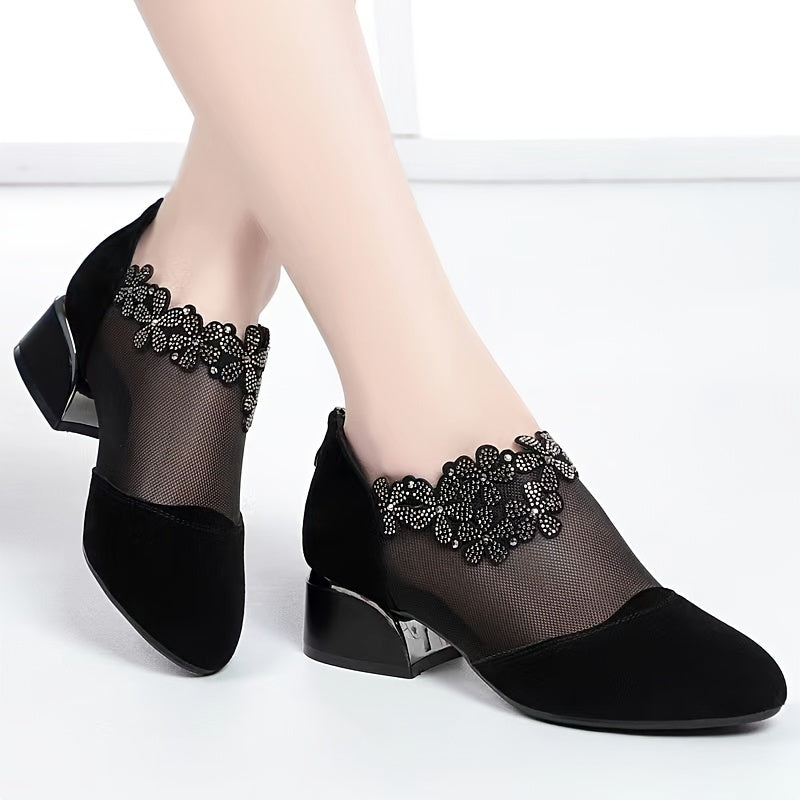 Women's Flower Rhinestone Mesh Block Heels, Fashion Back Zipper Solid, Versatile Dress Low Heels