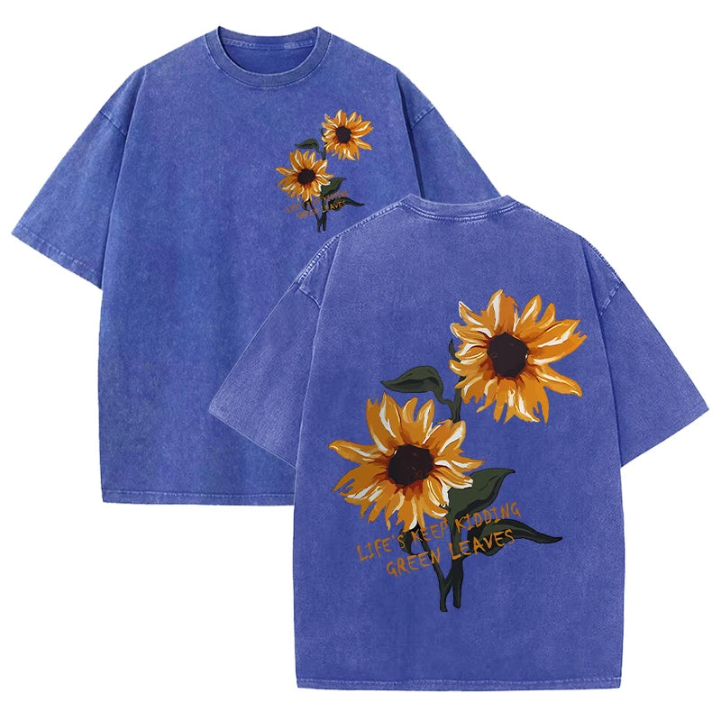 Lift Is Good Beautiful Sunflower Print Washed T Shirts Women Soft Cotton T-Shirt Street Creative Short Sleeve Summer Casual Tops