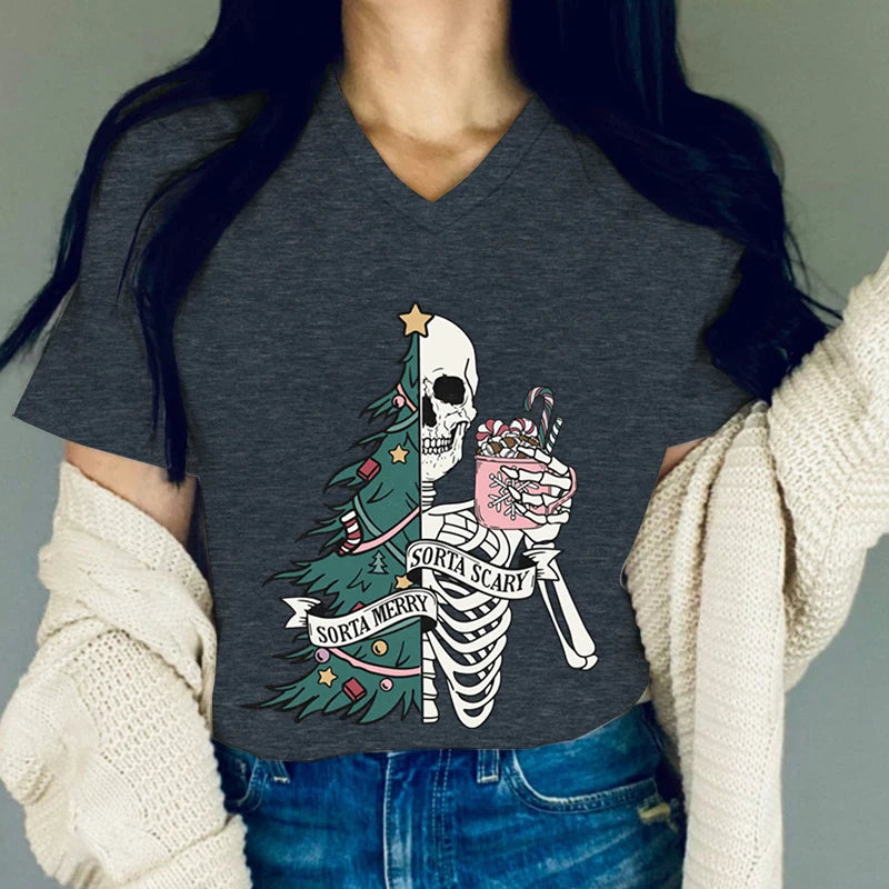 Women Funny Christmas Tree and Skull Graphics Tshirt Sorta Merry Sorta Scary T Shirts Vintage Skeleton Coffee V Neck Xmas Tees