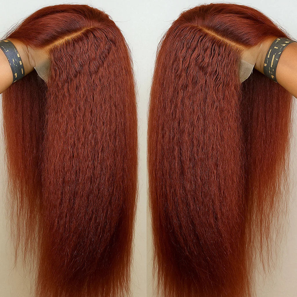 13X4 Reddish Brown Kinky Straight Lace Frontal Wig Human Hair Auburn Copper Yaki Straight 4x4 Transparent Lace Closure Wigs