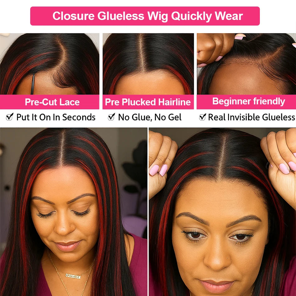 200% Upgraded 1B/99J Black With Red Bone Straight 5x5 Highlight Wig Human Hair Brazilian Burgundy Colored Glueless Wig For Women