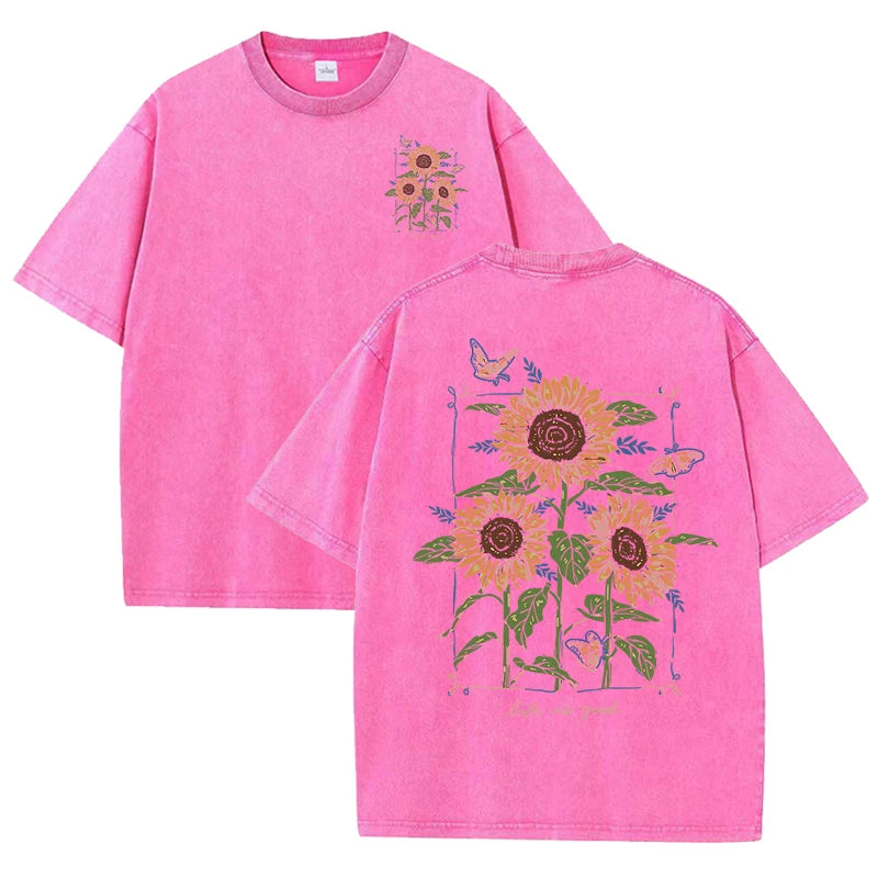 Lift Is Good Beautiful Sunflower Print Washed T Shirts Women Soft Cotton T-Shirt Street Creative Short Sleeve Summer Casual Tops
