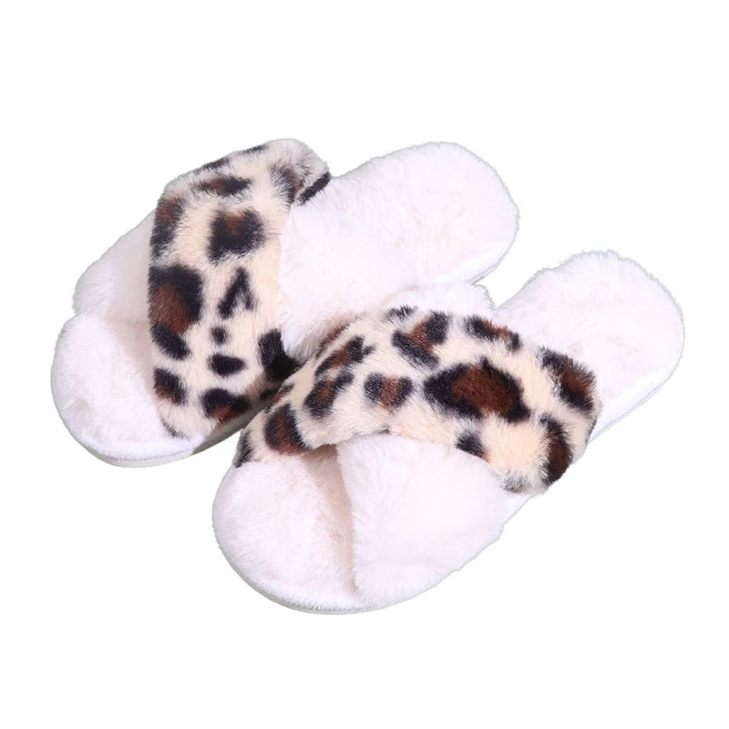 Sexy Cross Leopard Plush Women Slippers Lightweight Soft Sole Cotton Slides Autumn Winter Open-toe Warm Flat Heel Flip Flops