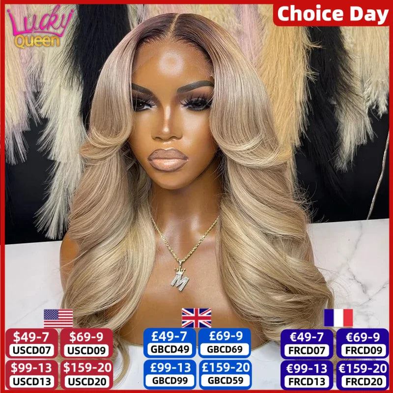 13X6 Ombre Blonde Colored Frontal Wig Human Hair for Women Transparent 13X6 Lace Front Human Hair Wig with Dark Root Pre Plucked