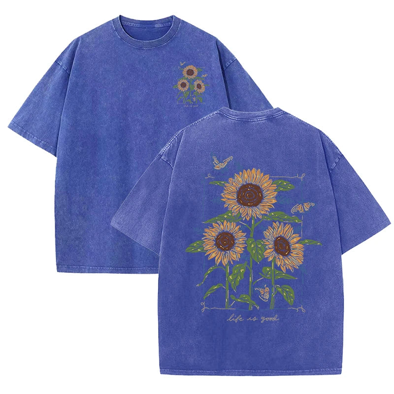 Lift Is Good Beautiful Sunflower Print Washed T Shirts Women Soft Cotton T-Shirt Street Creative Short Sleeve Summer Casual Tops