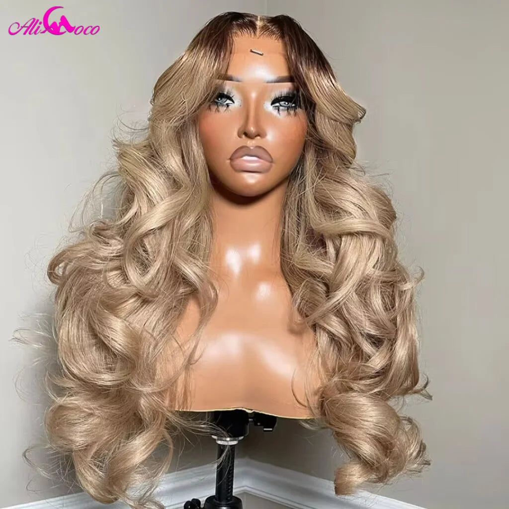 Brown Roots Ash Blonde Body Wave Lace Frontal Wig 13x6 Ombre Ash Blonde Human Hair Wigs HD Transparent Lace Front Wig