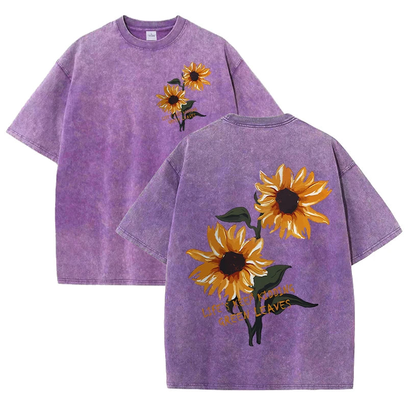Lift Is Good Beautiful Sunflower Print Washed T Shirts Women Soft Cotton T-Shirt Street Creative Short Sleeve Summer Casual Tops