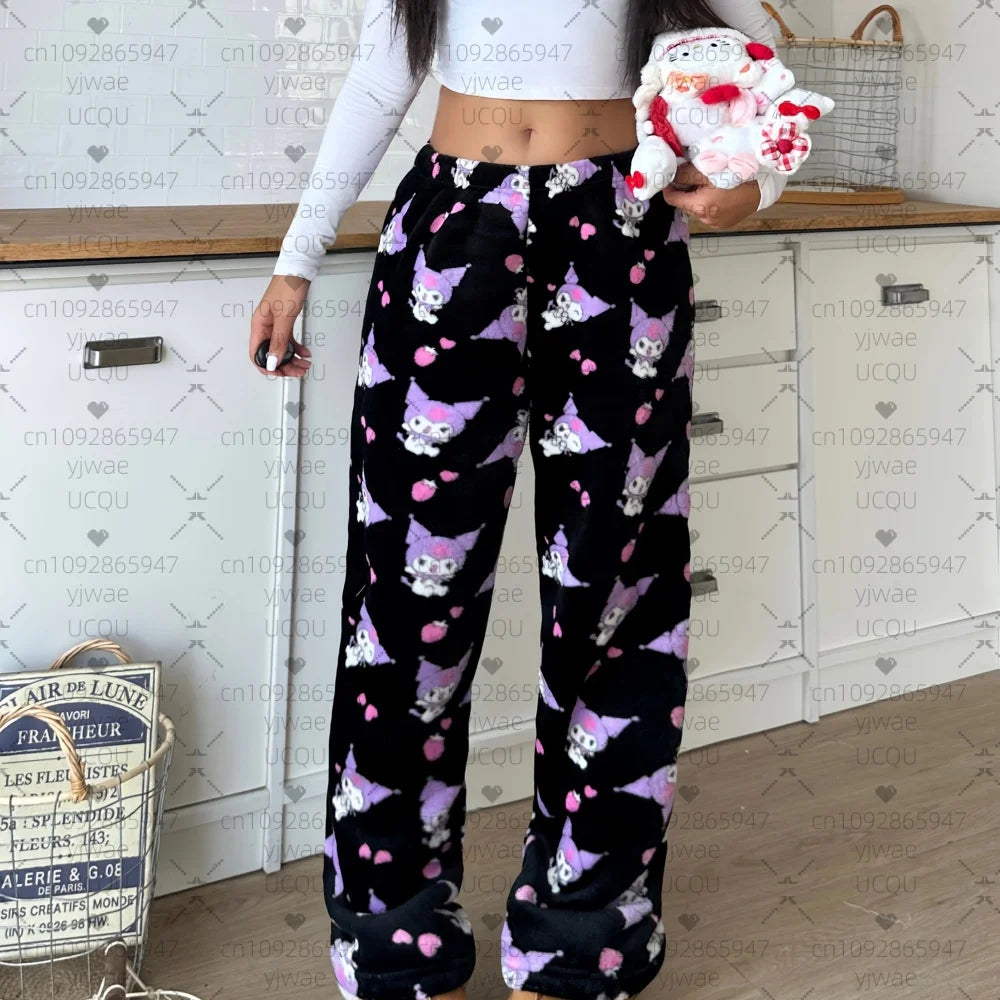 2025 Winter Women Halloween Kawai Kuromi plush Pajama Pants Soft Trousers Cute Women Casual Home Anime Cartoon  Pajama Pants