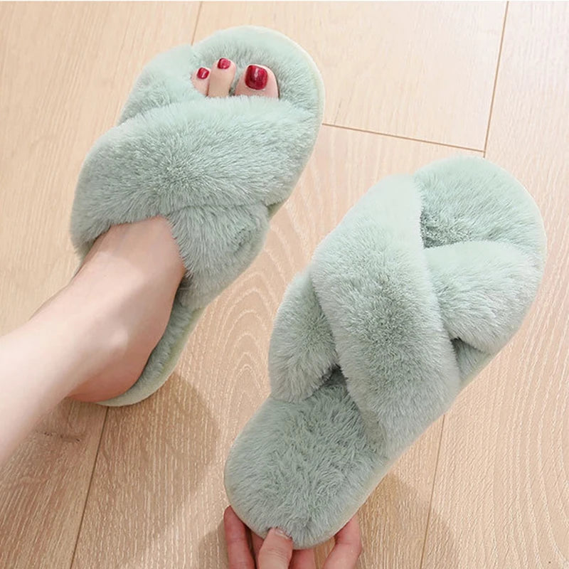 Sexy Cross Leopard Plush Women Slippers Lightweight Soft Sole Cotton Slides Autumn Winter Open-toe Warm Flat Heel Flip Flops