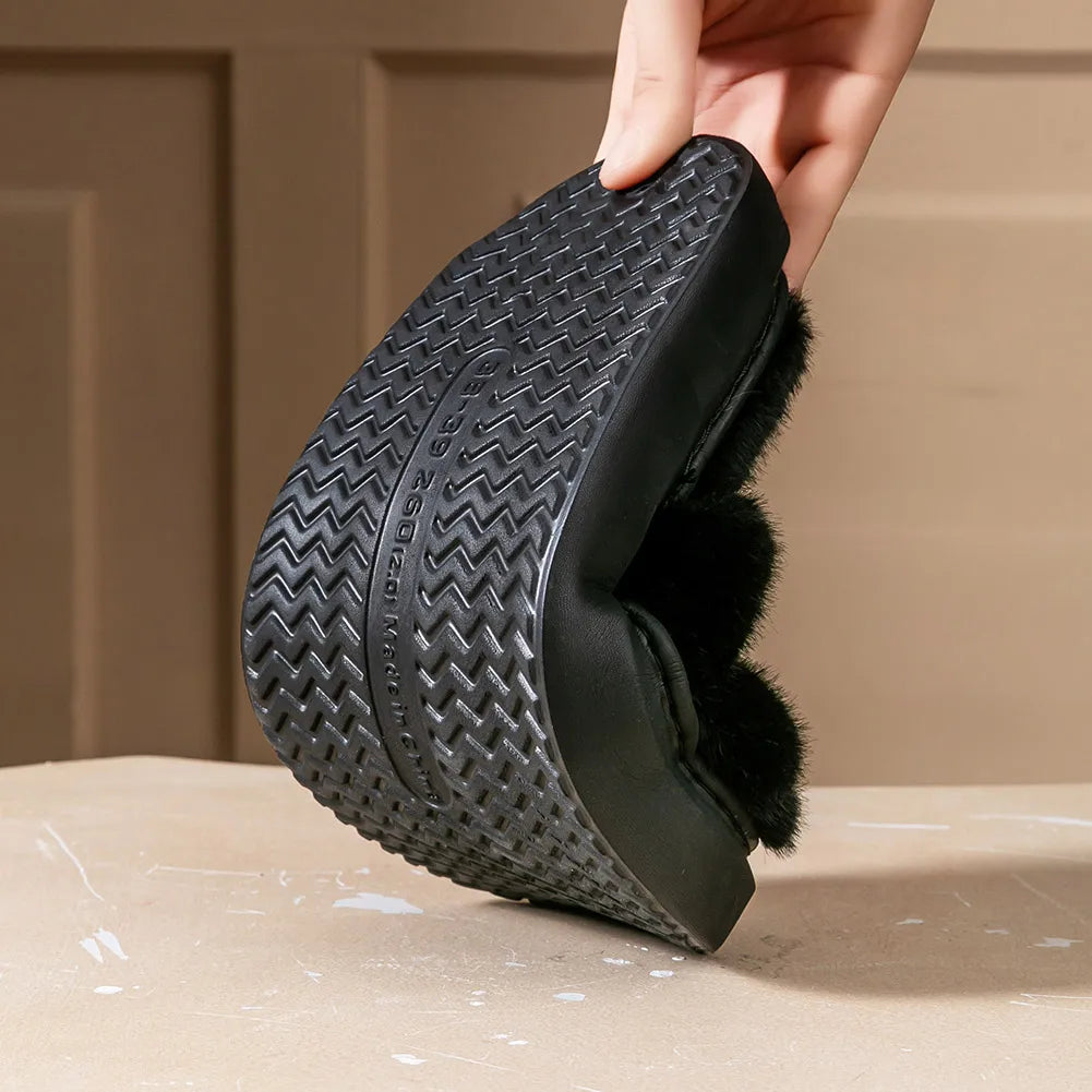 Fur Slippers Women Platform EVA Soles Memory Foam Winter Cozy Open Toe Breathable Living Room Shoes Luxury