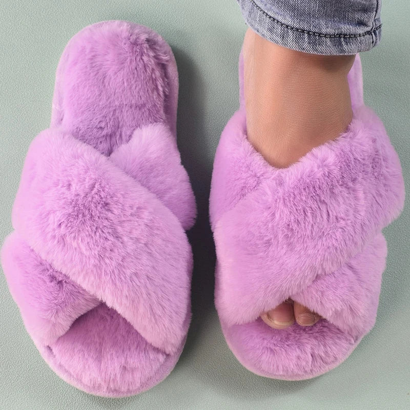 Sexy Cross Leopard Plush Women Slippers Lightweight Soft Sole Cotton Slides Autumn Winter Open-toe Warm Flat Heel Flip Flops
