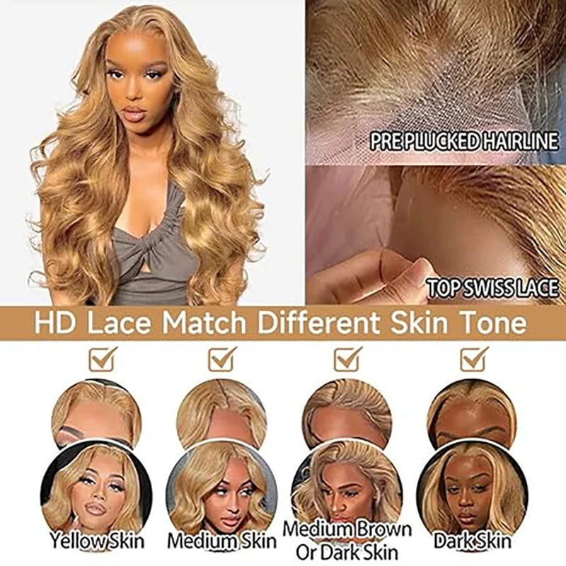ISEE Hair #27 Colored Body Wave Human Hair Wigs Wear And Go Pre Cut Pre Plucked Glueless Wig Honey Blond Lace Front Wigs