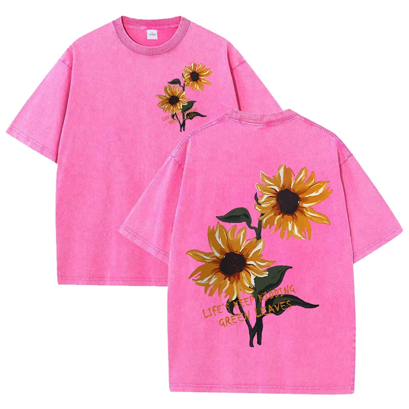 Lift Is Good Beautiful Sunflower Print Washed T Shirts Women Soft Cotton T-Shirt Street Creative Short Sleeve Summer Casual Tops