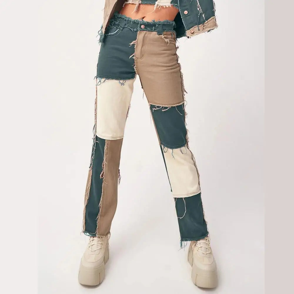 Variegated Patchwork Women's Straight Skinny Jeans Vintage High Waist Boyfriends Denim Distressed Streetwear Female Denim Pants