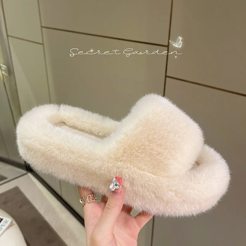 Home Slippers Women's Flat Shoes Female Lady Fur Flip Flops Slides 2023 Soft Plush Cotton Indoor Winter Zapato Mujer