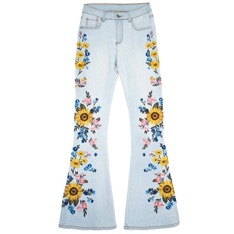 Stretch Flared Jeans Embroidery Flower Design Women Denim Pants Boot Cut Wide Leg Trousers Vintage Runway Bell Bottom Harajuku