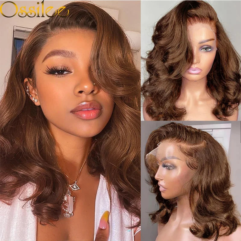 Short Bob 13x6 Full Lace Wig for Black Women Body Wave HD Glueless Lace Front Human Hair Pre-Plucked Brown 99J Ginger P1B/30