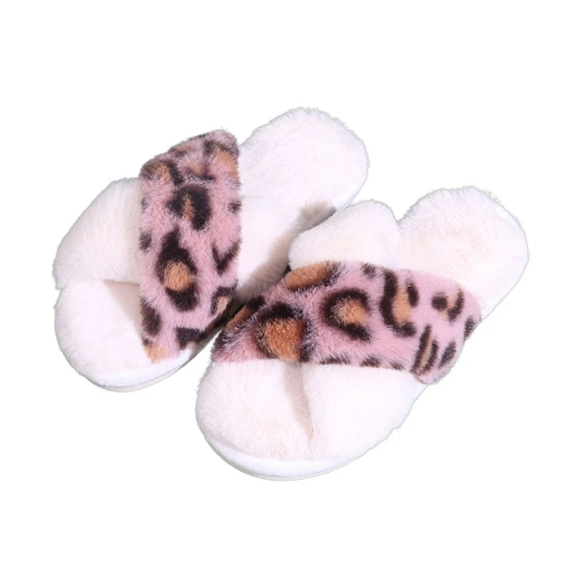 Sexy Cross Leopard Plush Women Slippers Lightweight Soft Sole Cotton Slides Autumn Winter Open-toe Warm Flat Heel Flip Flops