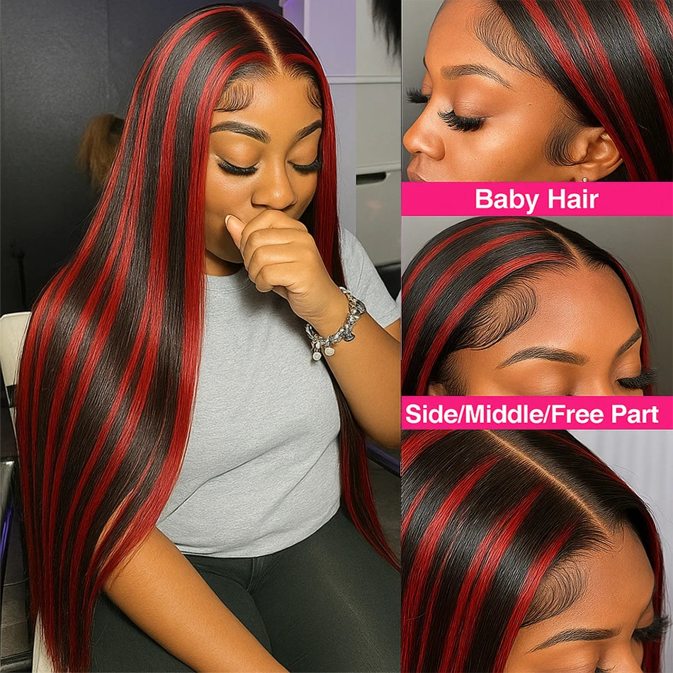 200% Upgraded 1B/99J Black With Red Bone Straight 5x5 Highlight Wig Human Hair Brazilian Burgundy Colored Glueless Wig For Women