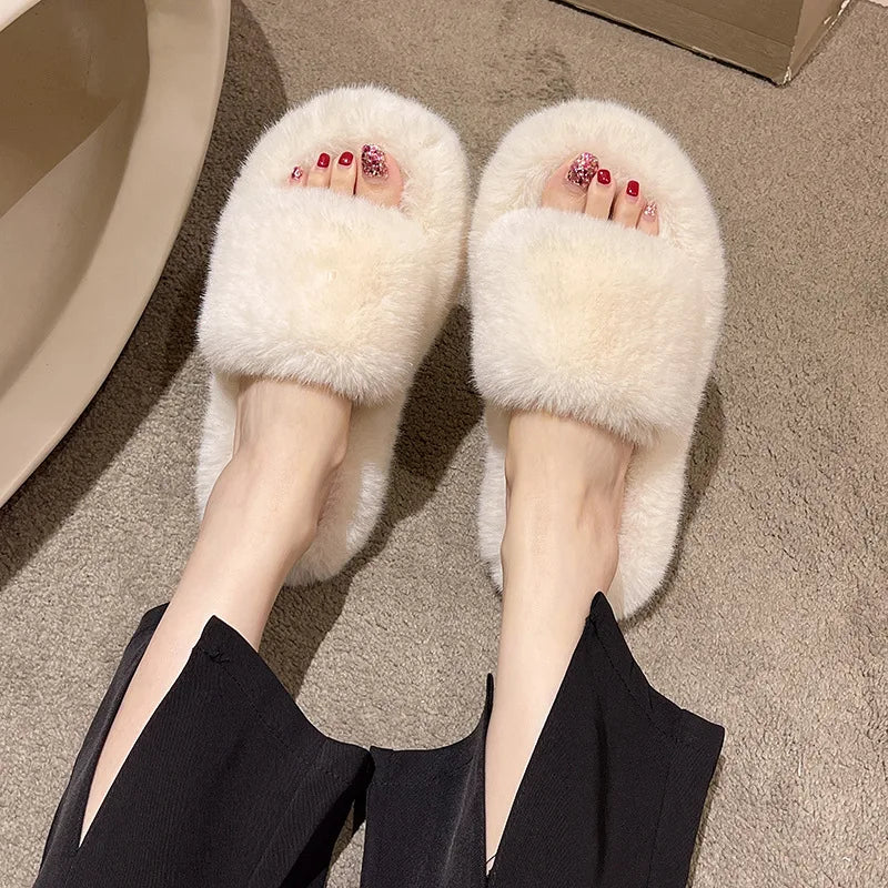 Home Slippers Women's Flat Shoes Female Lady Fur Flip Flops Slides 2023 Soft Plush Cotton Indoor Winter Zapato Mujer