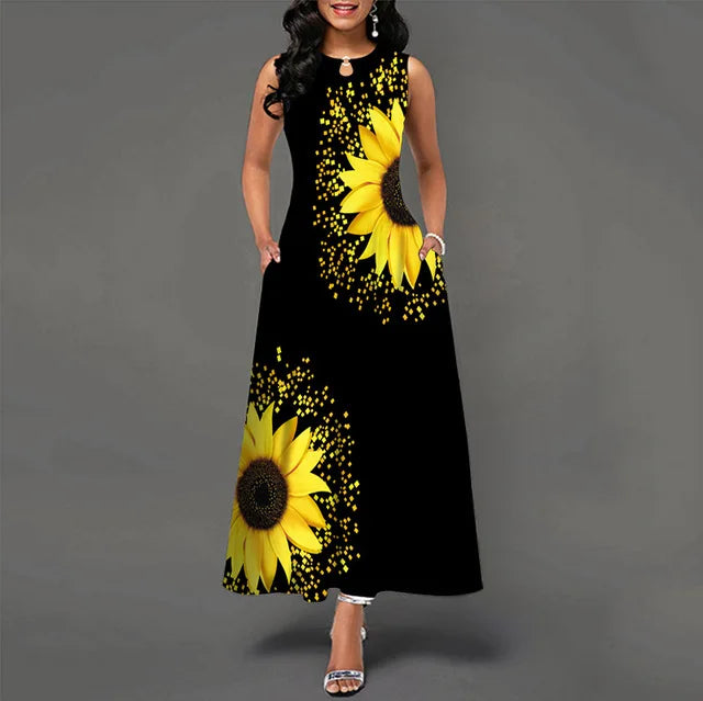 Summer Women's Casual Dr with ket Street Sle round Ne Long Skirt Polyester Fiber Print Design mid Waist No Sve