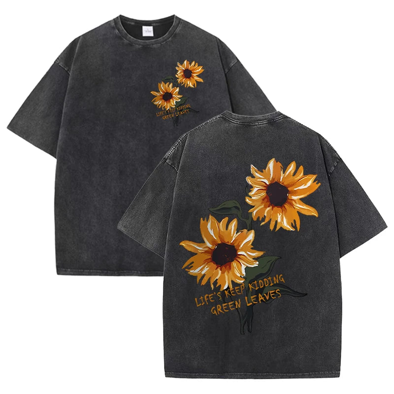 Lift Is Good Beautiful Sunflower Print Washed T Shirts Women Soft Cotton T-Shirt Street Creative Short Sleeve Summer Casual Tops