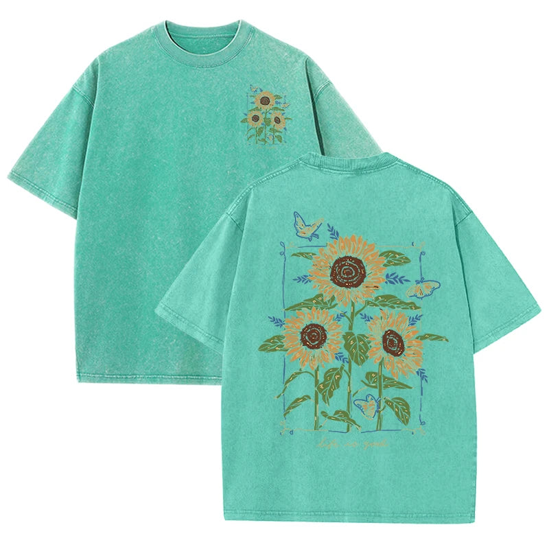 Lift Is Good Beautiful Sunflower Print Washed T Shirts Women Soft Cotton T-Shirt Street Creative Short Sleeve Summer Casual Tops