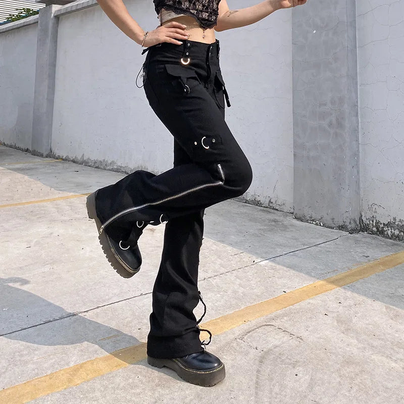 Dark Punk Y2k Grunge Low Waist Emo Jeans Mall Gothic Women Black Patchwork Electro Pants Fashion Streetwear Alt Clothes
