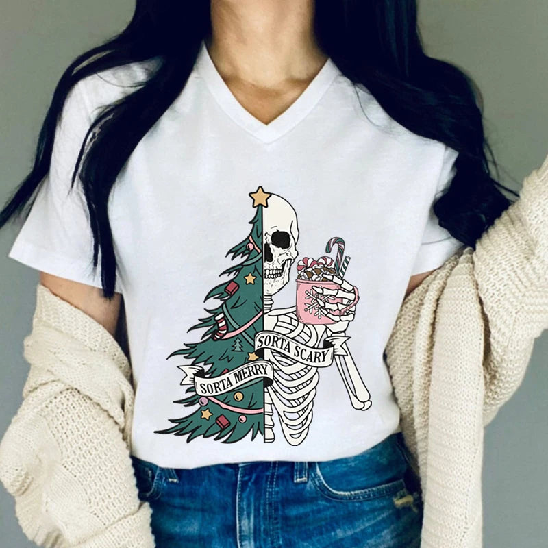 Women Funny Christmas Tree and Skull Graphics Tshirt Sorta Merry Sorta Scary T Shirts Vintage Skeleton Coffee V Neck Xmas Tees