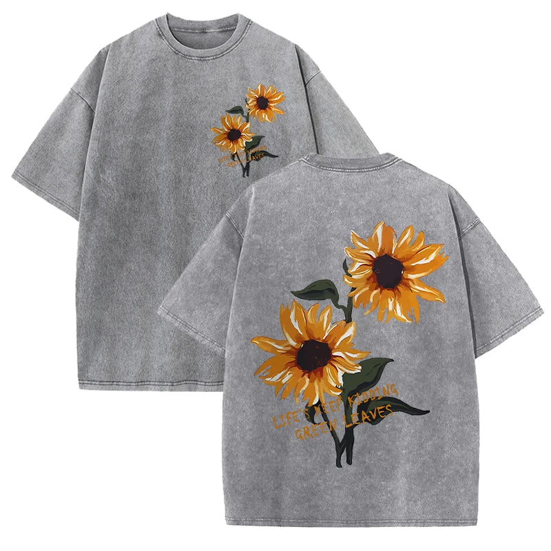 Lift Is Good Beautiful Sunflower Print Washed T Shirts Women Soft Cotton T-Shirt Street Creative Short Sleeve Summer Casual Tops