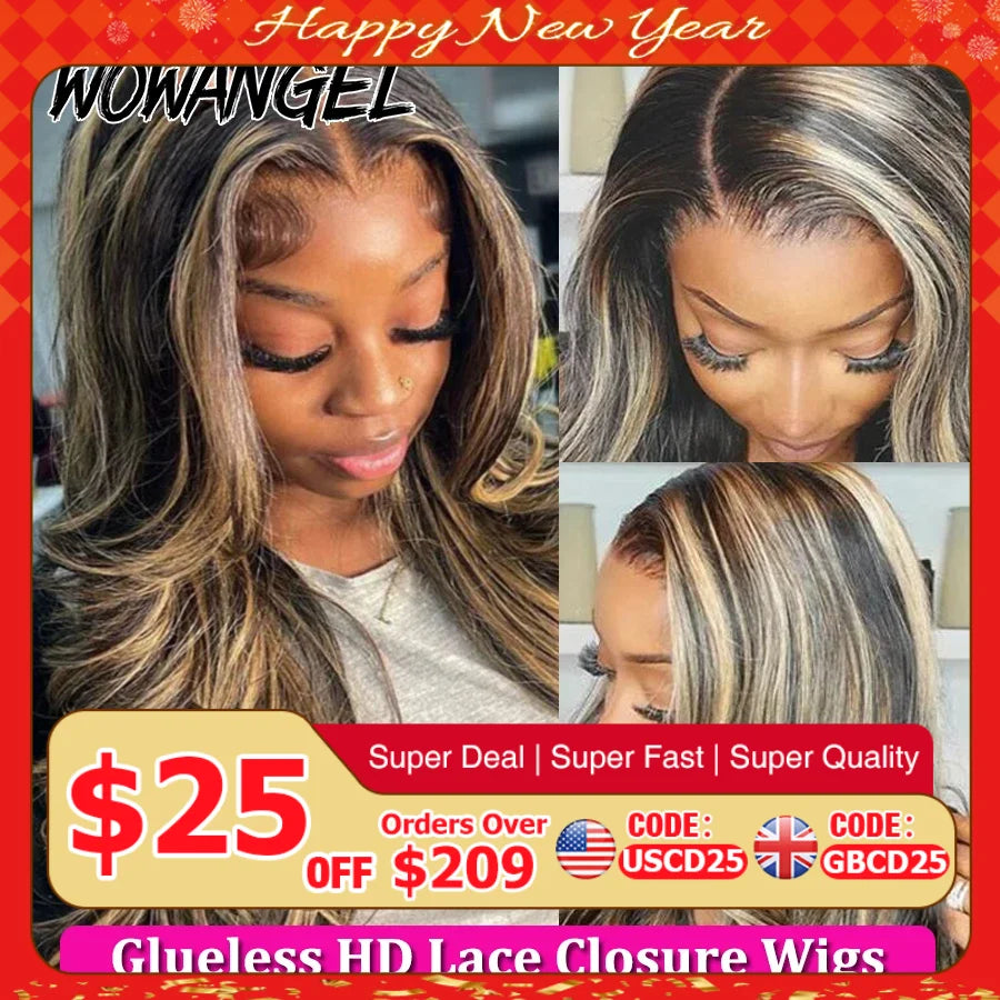 Wow Angel 34inch Highlight Body Wave Wigs 5X5 HD Lace Closure Wig Honey Blonde 250% Glueless Wig Human Hair Ready to Wear Wigs
