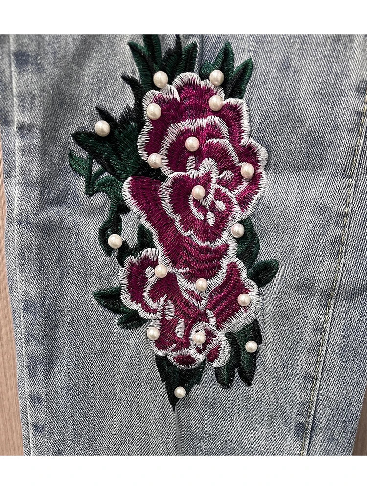Women's Floral Embroidery Jeans Hollow Out Ripped Pearl Decor Y2K Vintage Mori Girl Denim Trousers Retro Pencil Jeans 2024