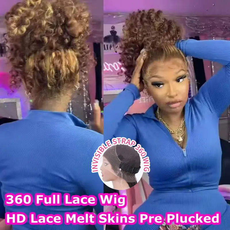 Curly 360 Lace Front Wigs Human Hair Pre Plucked P4/27 Highlight Ombre Deep Wave HD Lace Frontal Human Hair Wig With Drawstring