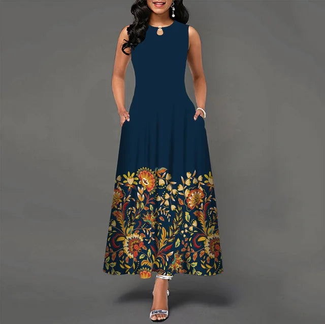 Summer Women's Casual Dr with ket Street Sle round Ne Long Skirt Polyester Fiber Print Design mid Waist No Sve