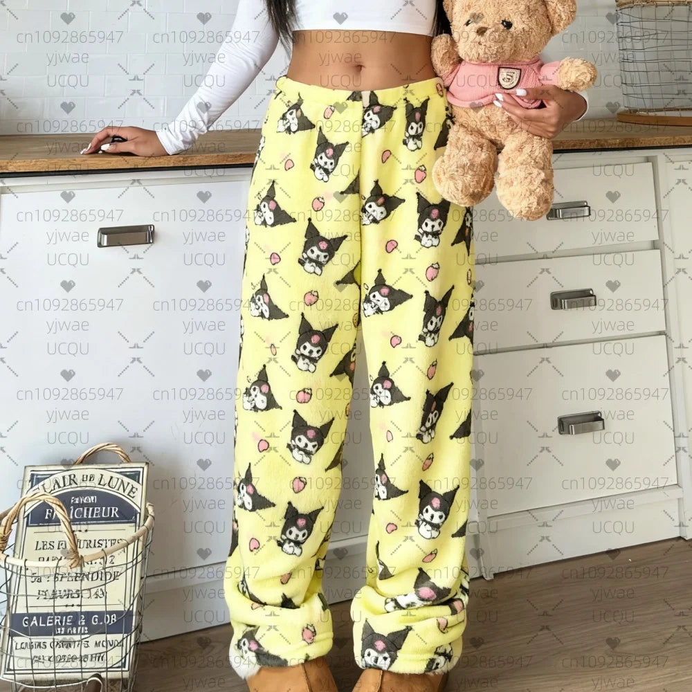 2025 Winter Women Halloween Kawai Kuromi plush Pajama Pants Soft Trousers Cute Women Casual Home Anime Cartoon  Pajama Pants