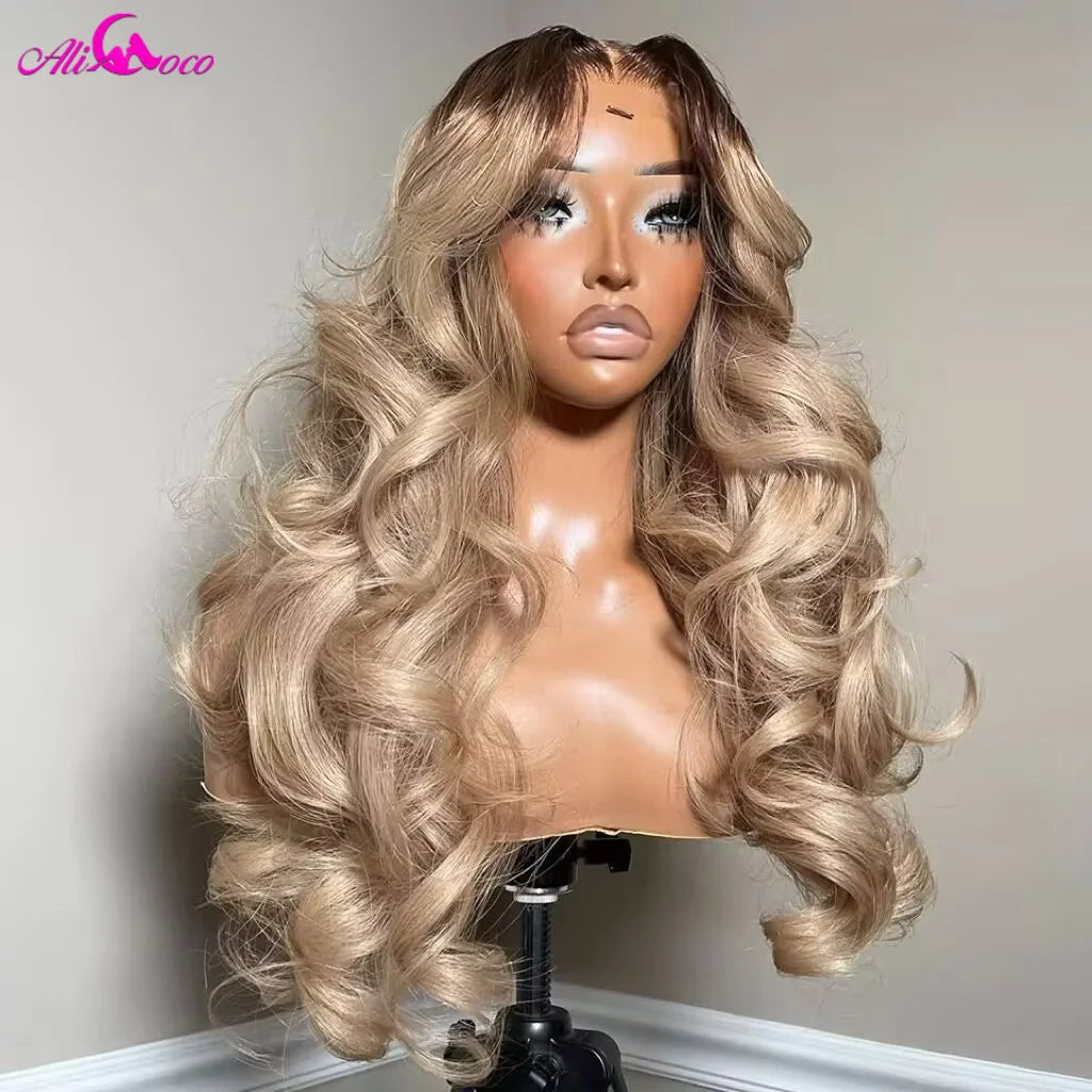Brown Roots Ash Blonde Body Wave Lace Frontal Wig 13x6 Ombre Ash Blonde Human Hair Wigs HD Transparent Lace Front Wig