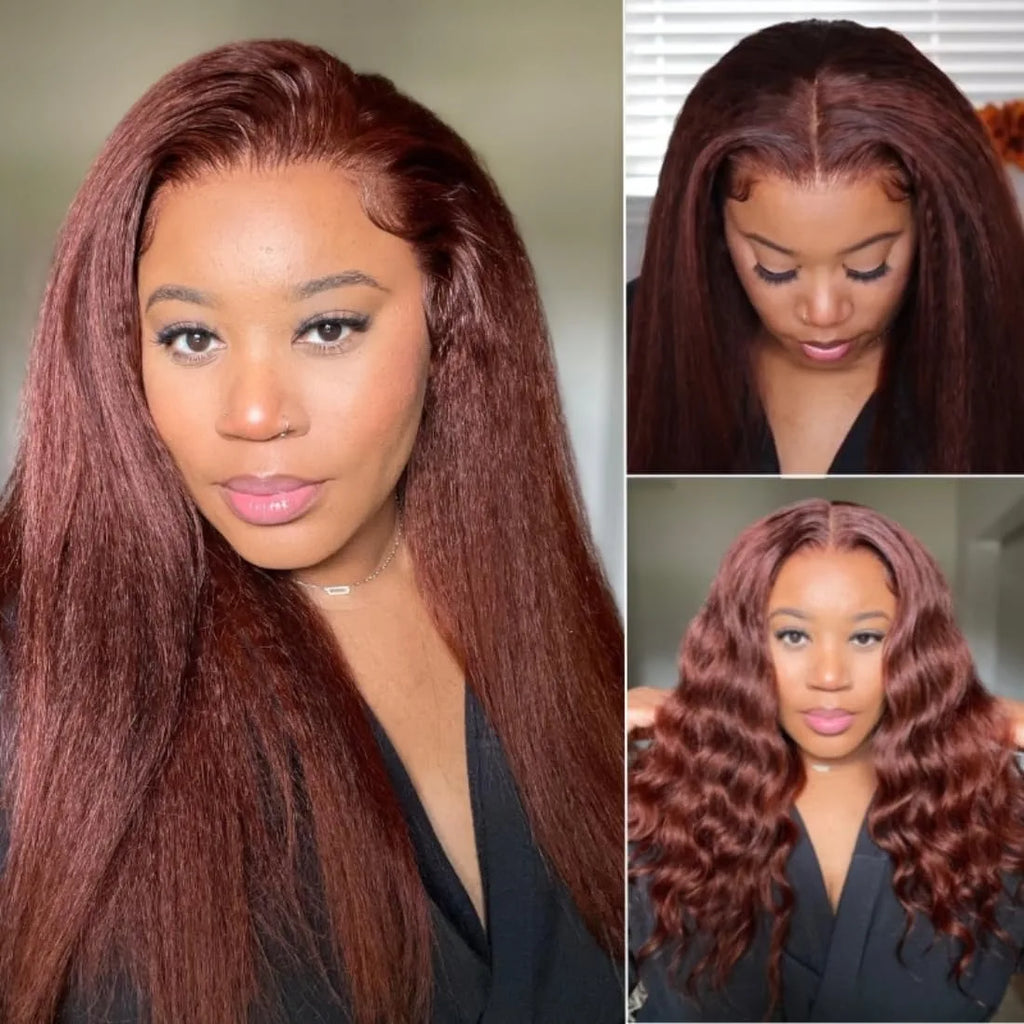 13X4 Reddish Brown Kinky Straight Lace Frontal Wig Human Hair Auburn Copper Yaki Straight 4x4 Transparent Lace Closure Wigs