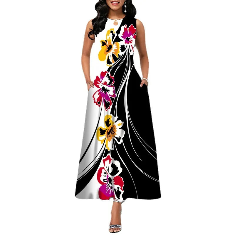 Summer Women's Casual Dr with ket Street Sle round Ne Long Skirt Polyester Fiber Print Design mid Waist No Sve