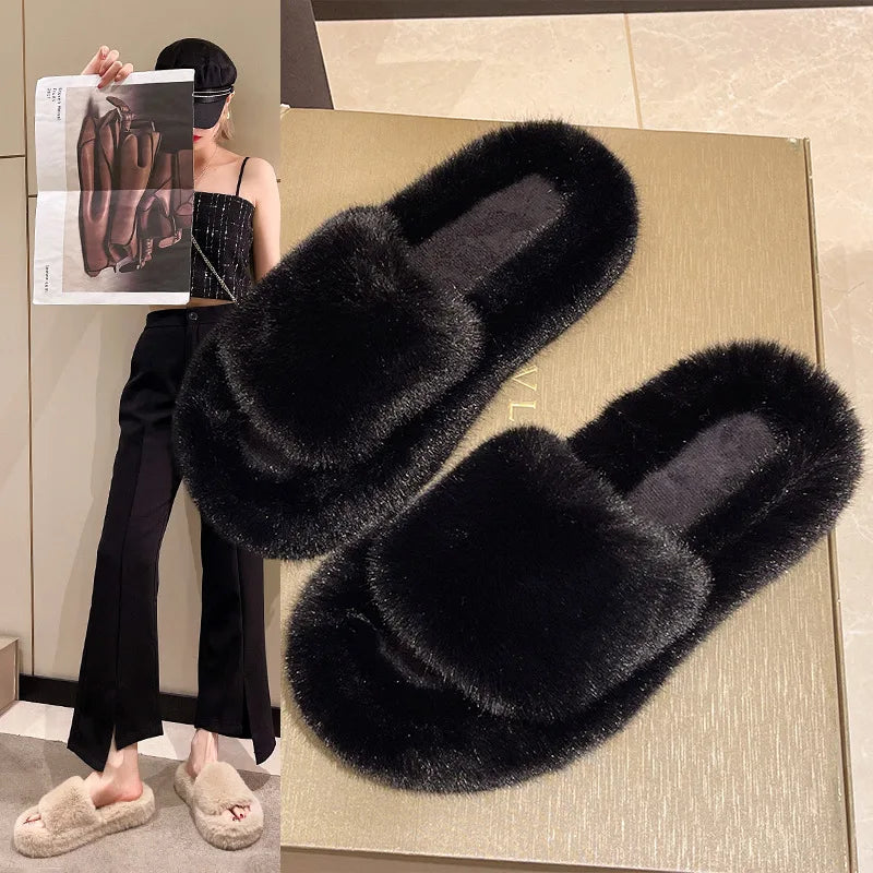 Home Slippers Women's Flat Shoes Female Lady Fur Flip Flops Slides 2023 Soft Plush Cotton Indoor Winter Zapato Mujer