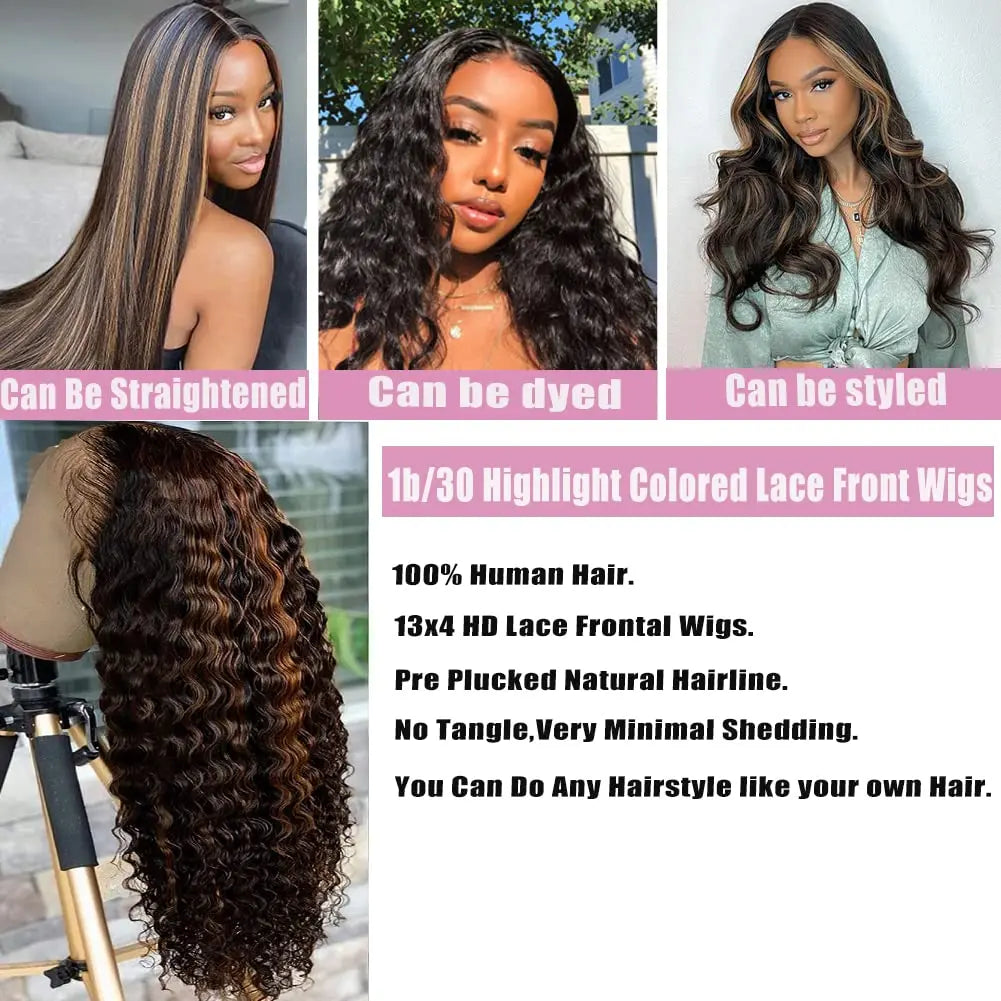 1B/30 Highlight Ombre Lace Front Wig Human Hair 200 Density Deep Wave 13x6 HD Transparent Lace Frontal Wigs Human Hair For Women