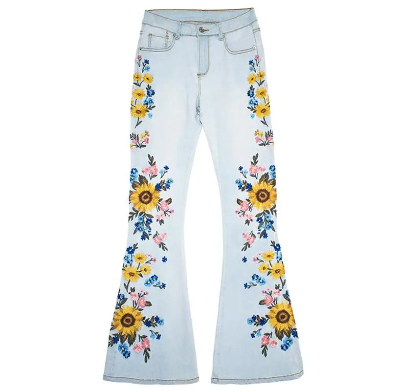 Jeanswomen's New New Stylewomen's Spicy Girl Street Fashion Personality Flower Heavy Work Embroidery Wash Horn Jeans