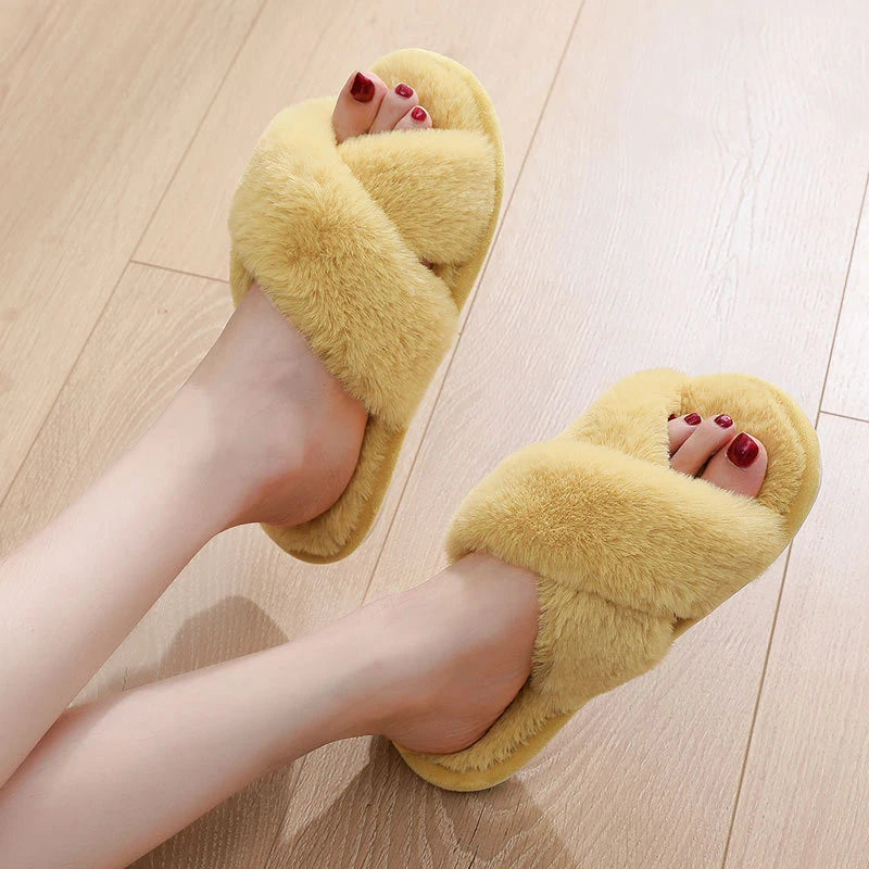 Sexy Cross Leopard Plush Women Slippers Lightweight Soft Sole Cotton Slides Autumn Winter Open-toe Warm Flat Heel Flip Flops