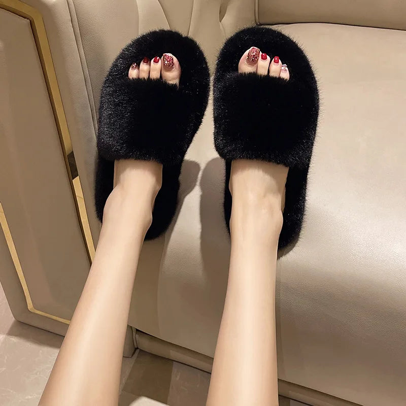 Home Slippers Women's Flat Shoes Female Lady Fur Flip Flops Slides 2023 Soft Plush Cotton Indoor Winter Zapato Mujer