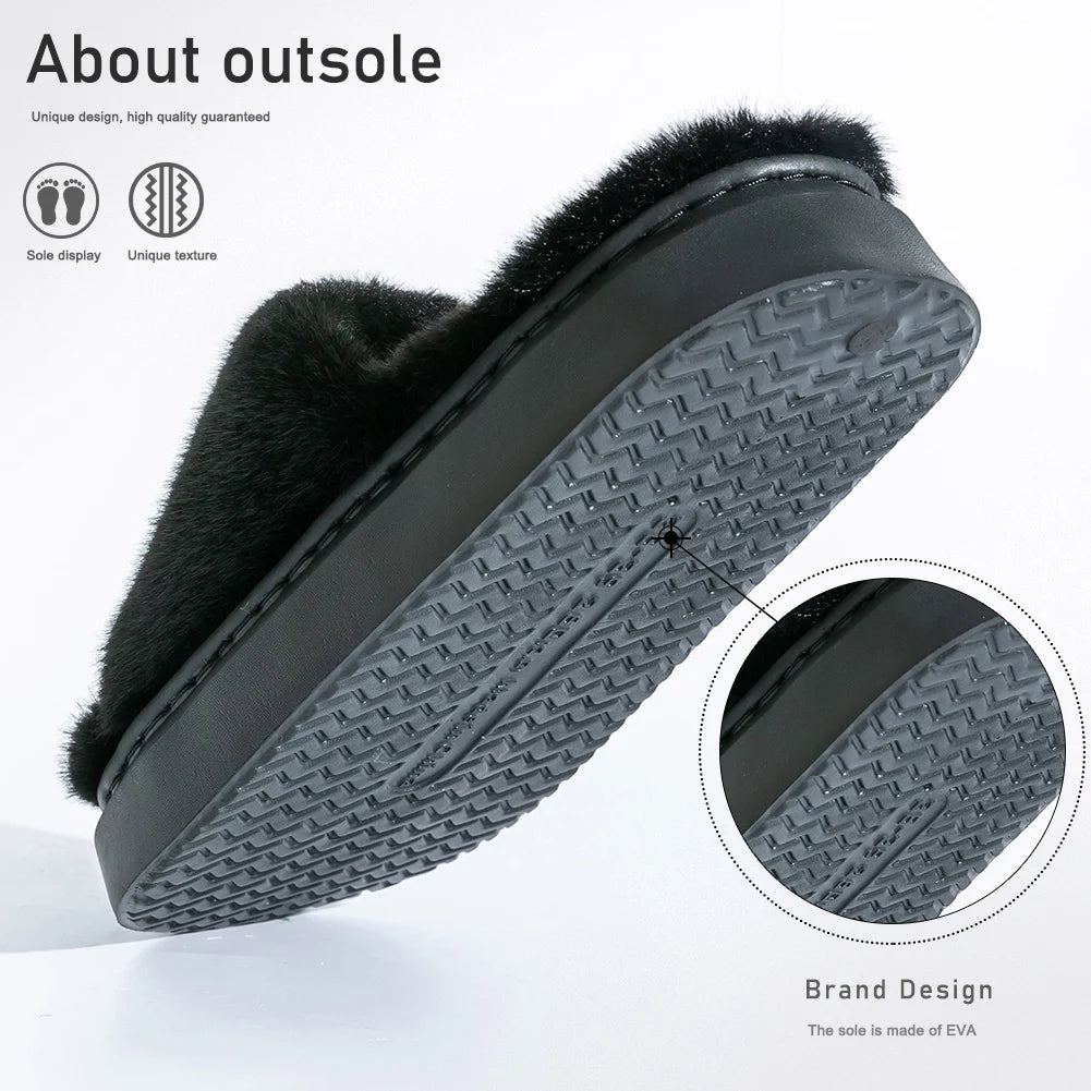 Pmoiste Furry House Slippers Women Comfortable Soft Warm EVA Platform Memory Foam Bedroom Shoes Slip On Winter Girls Indoor