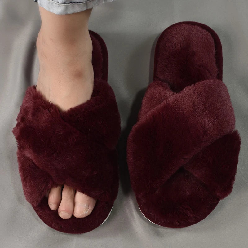 Sexy Cross Leopard Plush Women Slippers Lightweight Soft Sole Cotton Slides Autumn Winter Open-toe Warm Flat Heel Flip Flops