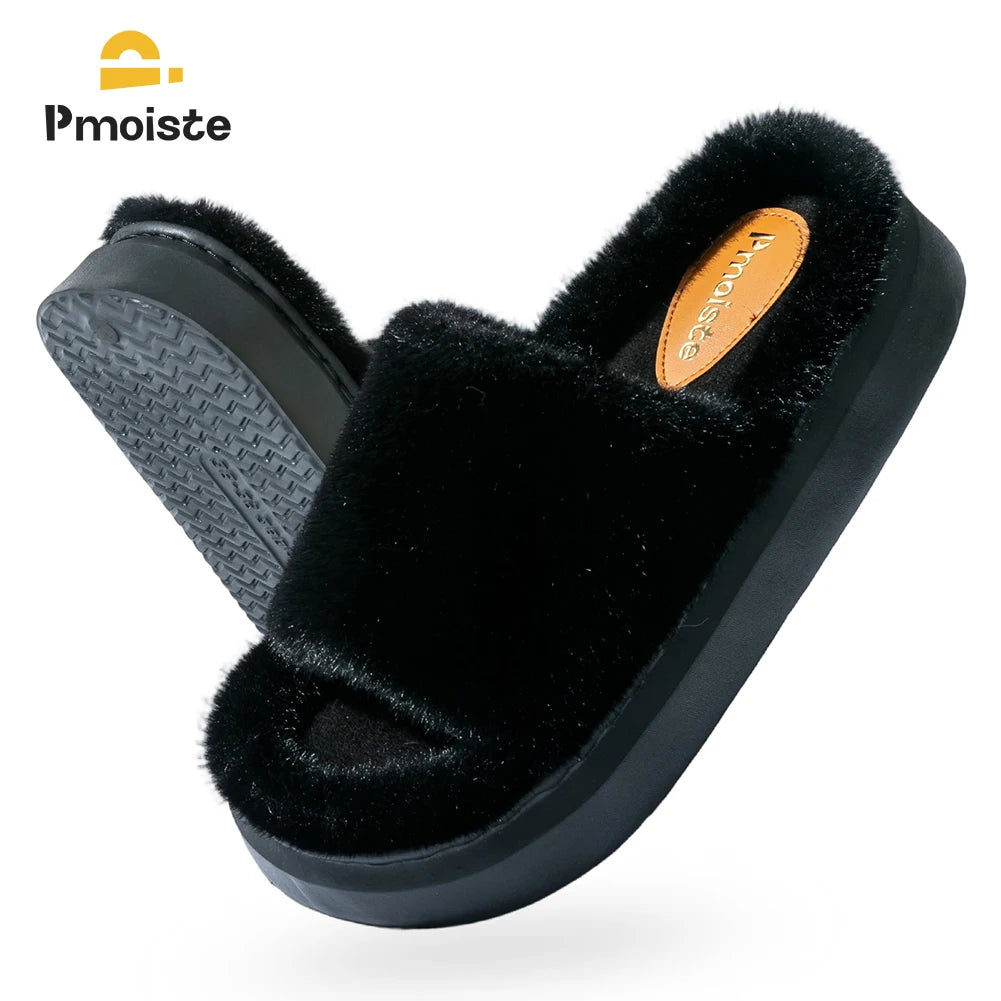 Pmoiste Furry House Slippers Women Comfortable Soft Warm EVA Platform Memory Foam Bedroom Shoes Slip On Winter Girls Indoor