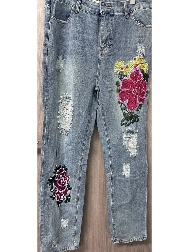 Women's Floral Embroidery Jeans Hollow Out Ripped Pearl Decor Y2K Vintage Mori Girl Denim Trousers Retro Pencil Jeans 2024