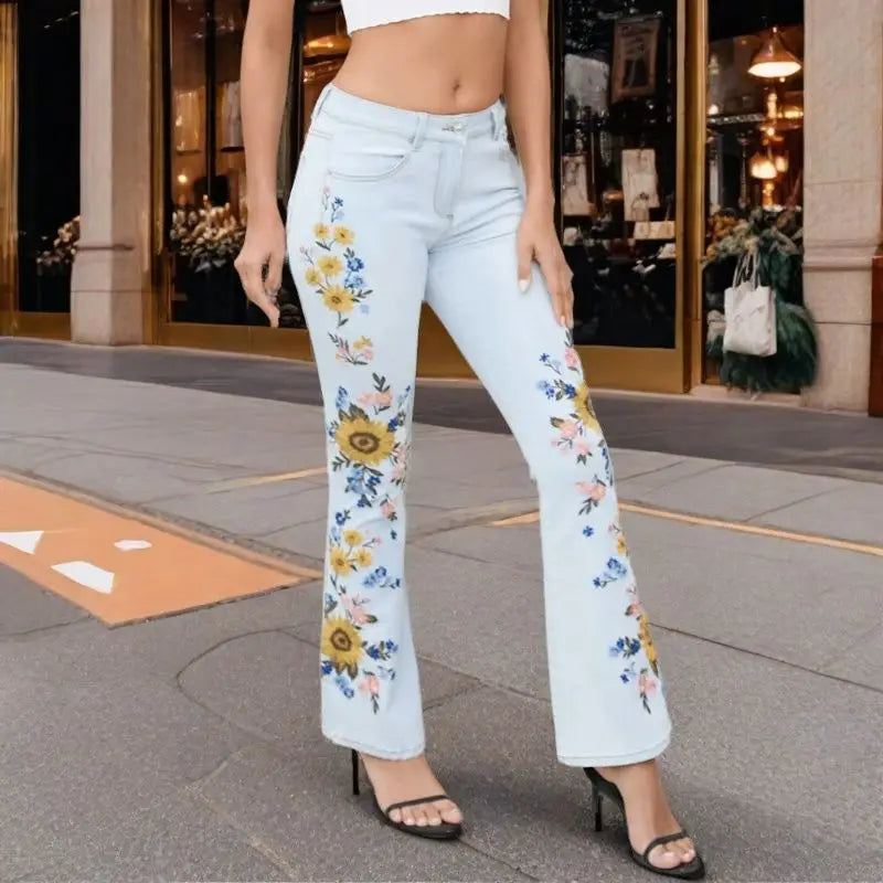 Stretch Flared Jeans Embroidery Flower Design Women Denim Pants Boot Cut Wide Leg Trousers Vintage Runway Bell Bottom Harajuku